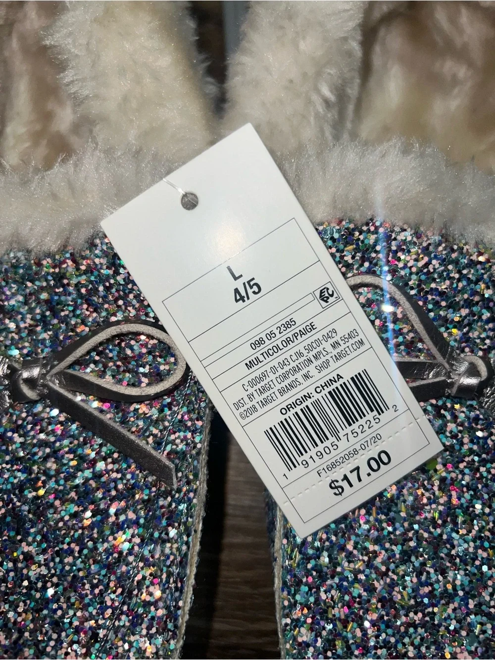 Cat & Jack Multicolor Glitter Sequin Faux Fur Moccasin Slippers, Size L 4/5